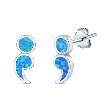 Semicolon Stud Earrings Lab Created Blue Opal 925 Sterling Silver (11mm)